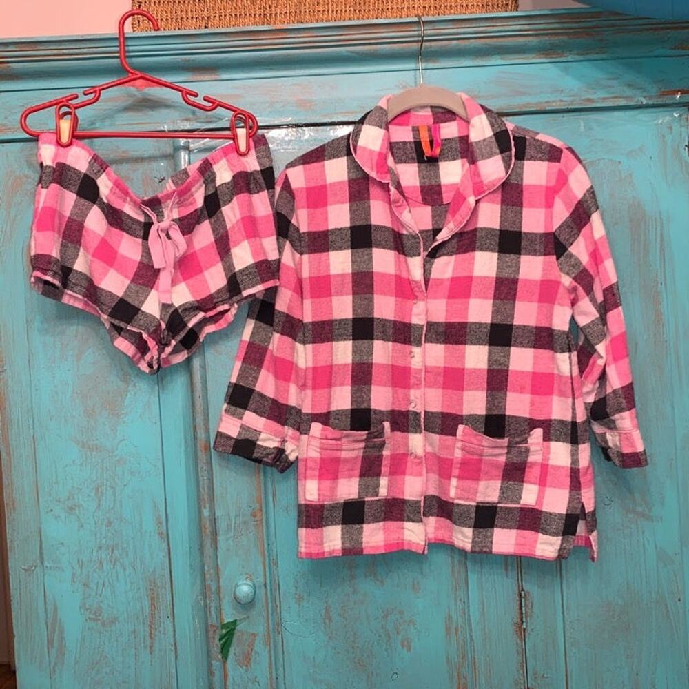 VINTAGE PINK FLANNEL PLAID SHORTS & TOP SLEEP SET LOUNGEWEAR PAJAMAS XS